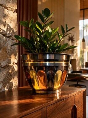 Vintage Mixed Metal Brass Cachepot Planter Hollywood Regency MCM